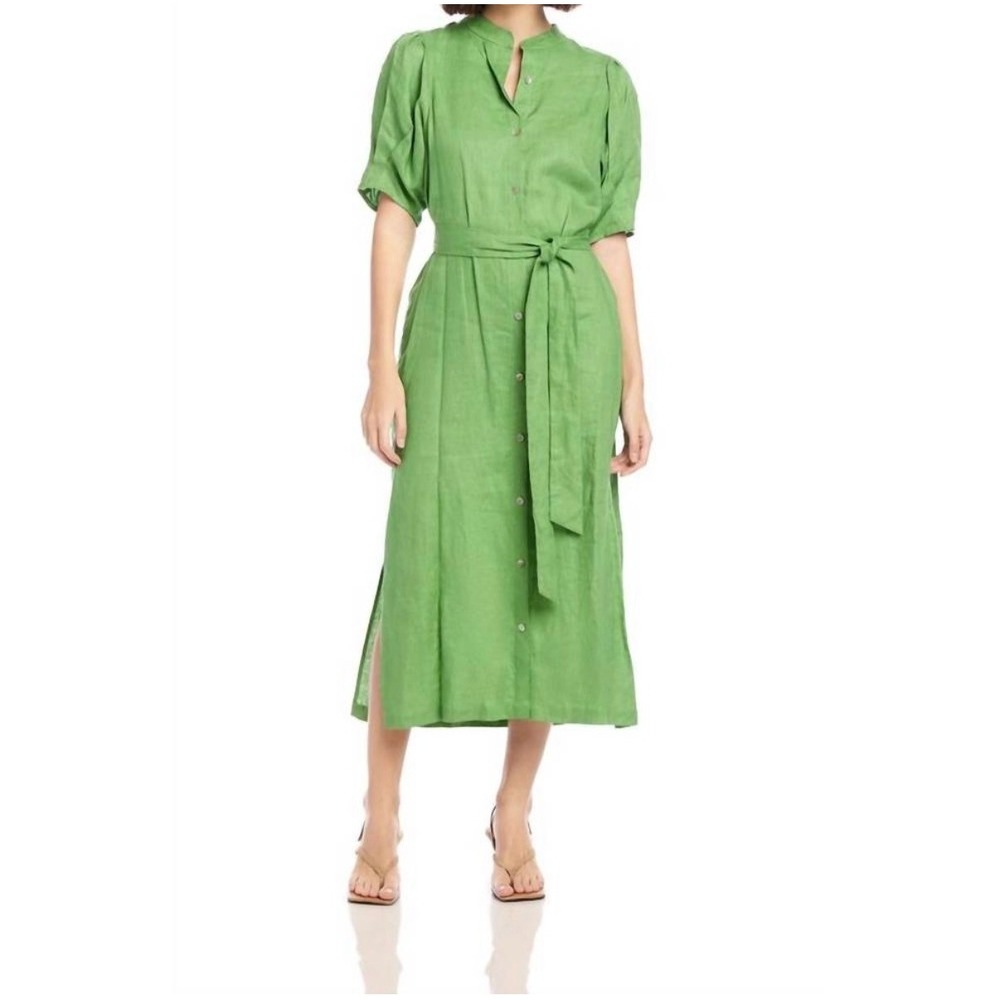 Fifteen Twenty Green Linen Puff Sleeve Button Front Midi Dress Womens Small